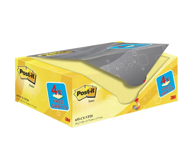 Memoblok 3M Post-it 655 76x127mm geel 16 + 4 gratis