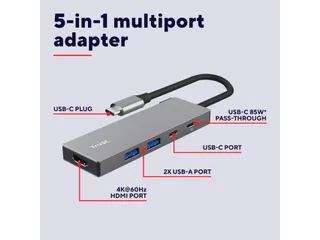 Adapter Trust Dalyx 5-in-1 USB-C-adapter met meerdere poorten grijs - 6