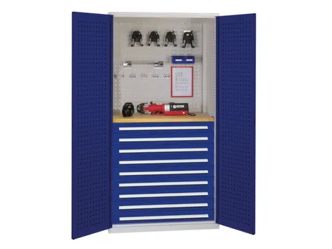 Materiaalkast Geperf. Deuren 1950x1000x600mm 9laden Werkbank Ral5010