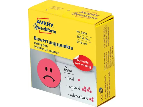 Avery rating dots, diameter 19mm, rol met 250 stuks, smiley, rood