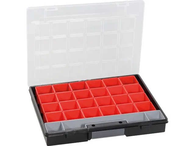 Bak voor kleine onderdelen,HxBxD 55x370x295mm,24bakken,PP,koffer zwart