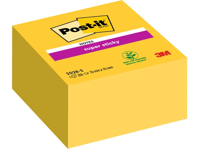 Memoblok 3M Post-it 2028 Super Sticky 76x76mm kubus neon geel