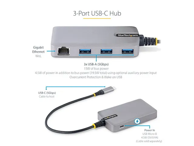 3-Port USB-C Hub met Ethernet 3x USB-A Gigabit Ethernet RJ45