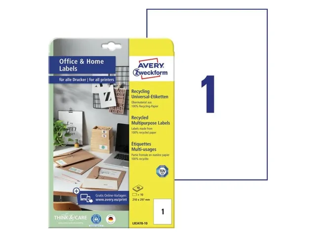 Etiket Avery Zweckform LR3478-10 210x297mm recycled Wit 10 stuks