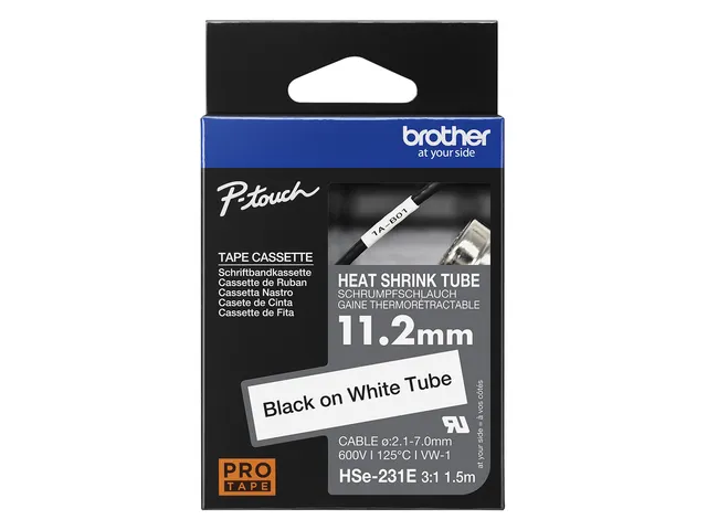 Gaine thermo-rétractable noir sur blancc HSE-231E Brother – 11,2mm