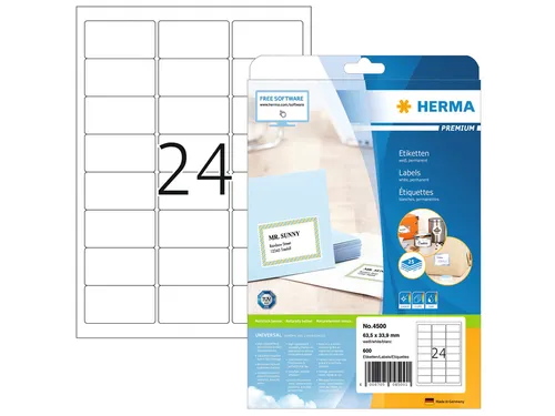 HERMA 4500 Premium Adresetiketten A4 63,5x33,9mm Wit 600 stuks
