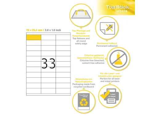Etiketten universele labels A4 permanent 70x25,4mm Wit 3300 stuks