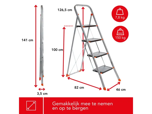 Huishoudtrap met hoge beugel 4 treden antislip inklapbaar tot 150 kg