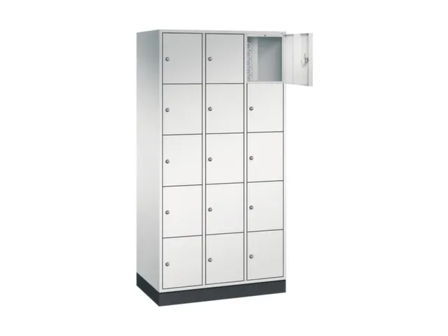 lockerkast,RAL 7035,HxBxD 1950x920x500mm,3x5vakken,cil.-slot,sokkel