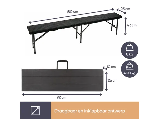 Inklapbare bank weerbestendig 180x25x43cm Rotanlook Zwart