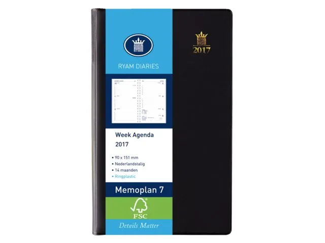 Agenda 2026 Ryam Memoplan 7 Suprema ringplastic 7dagen/2pagina's zwart