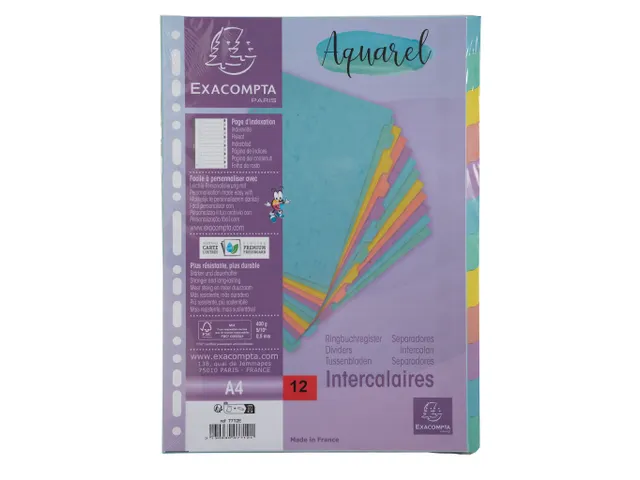 Tabblad In Glanskarton 400G/M2 Aquarel 12 Verdelingen A4 Assorti